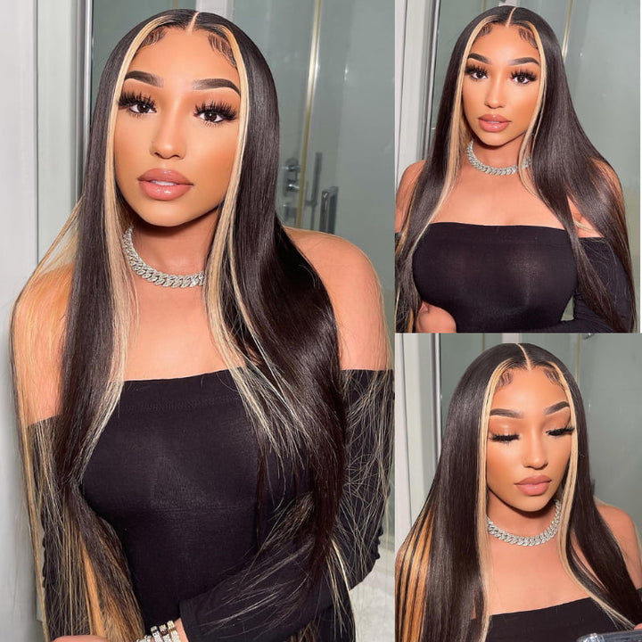 SZC Black with Blonde Skunk Stripe Straight Lace Front Human Hair Wigs