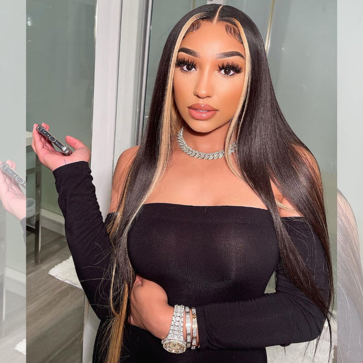 SZC Black with Blonde Skunk Stripe Straight Lace Front Human Hair Wigs