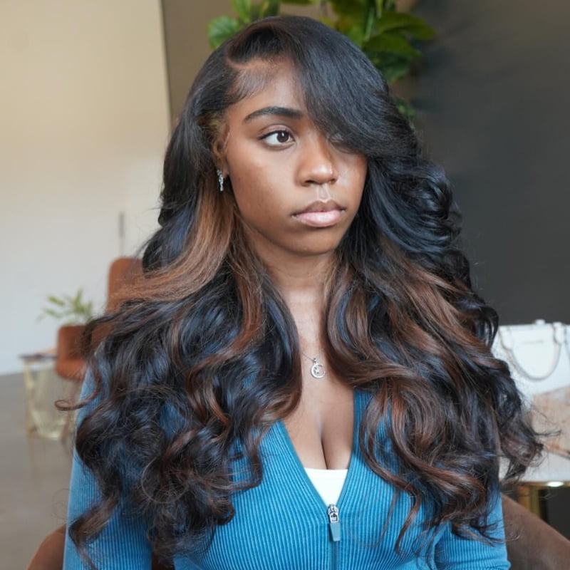 SZC Black with Brown Highlights 13x4 HD Lace Front Virgin Human Wigs