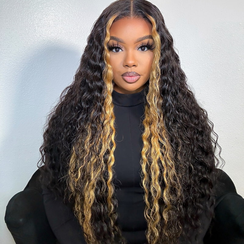 SZC Black with Brown Skunk Stripe Deep Wave Lace Front Human Hair Wigs