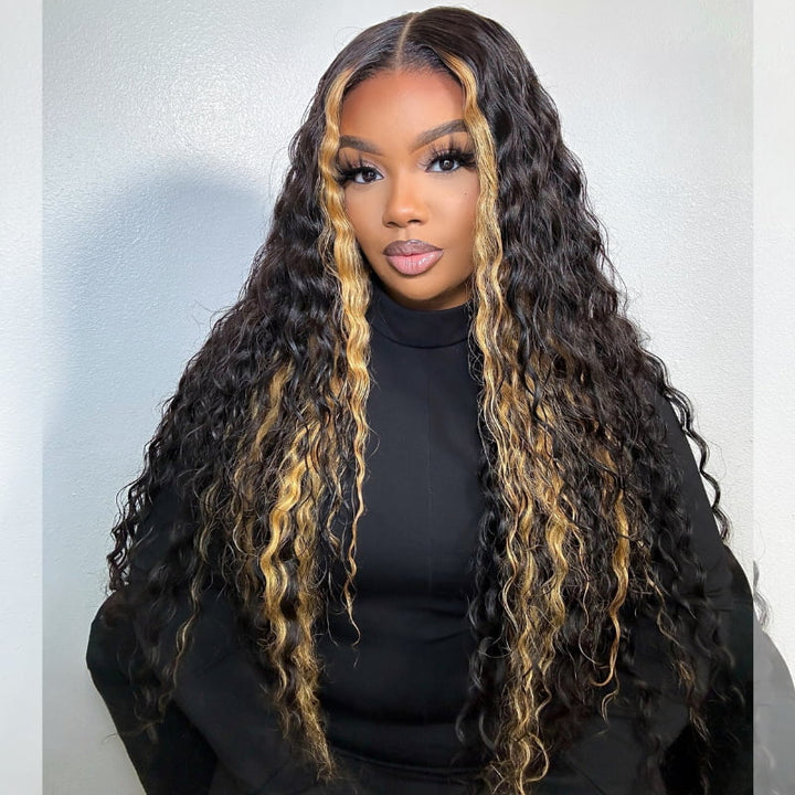 SZC Black with Brown Skunk Stripe Deep Wave Lace Front Human Hair Wigs