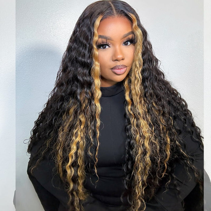 SZC Black with Brown Skunk Stripe Deep Wave Lace Front Human Hair Wigs