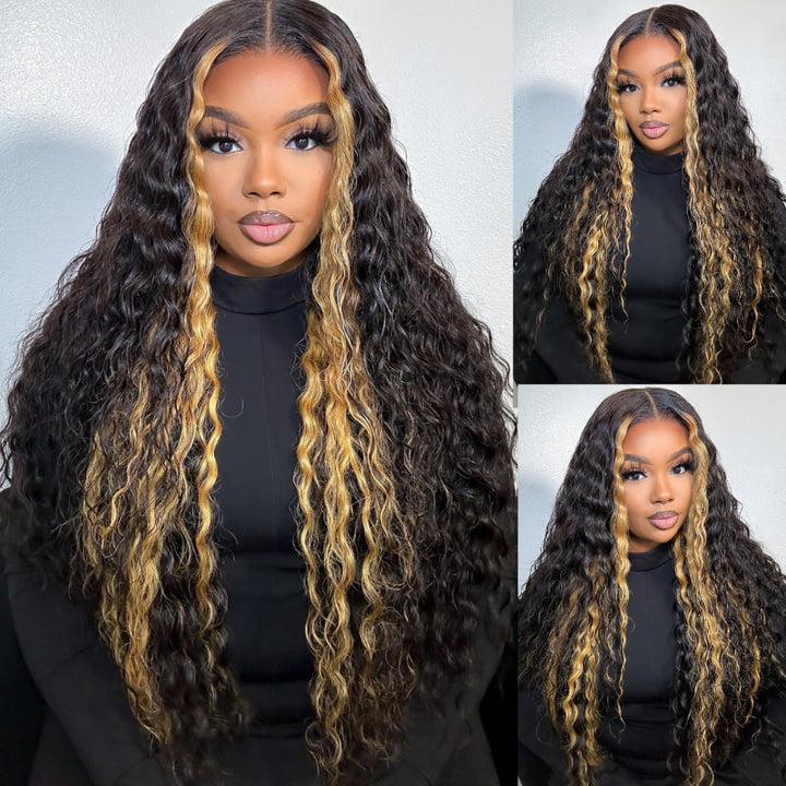SZC Black with Brown Skunk Stripe Deep Wave Lace Front Human Hair Wigs