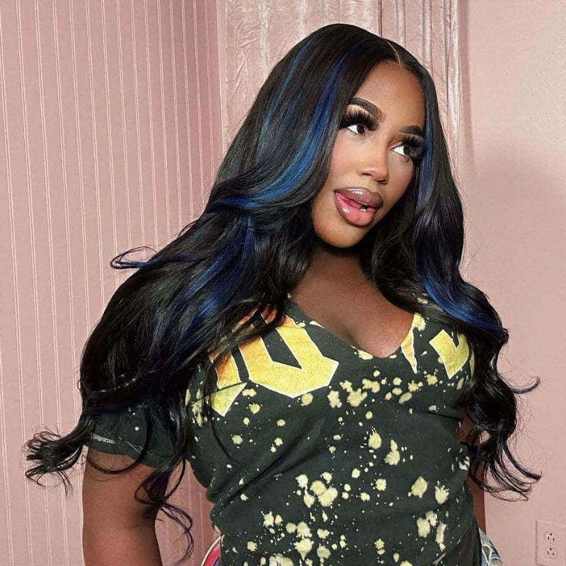 SZC Black with Purple Blue Highlight Streaks Virgin Human Hair Wigs