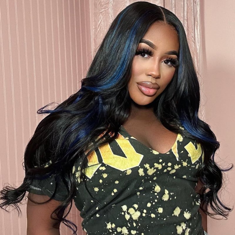 SZC Black with Purple Blue Highlight Streaks Virgin Human Hair Wigs