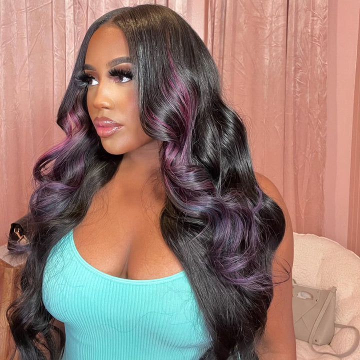 SZC Black with Purple Blue Highlight Streaks Virgin Human Hair Wigs