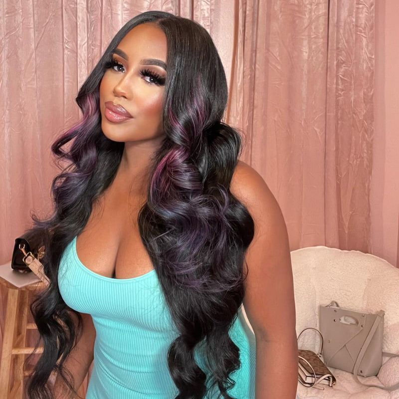 SZC Black with Purple Blue Highlight Streaks Virgin Human Hair Wigs