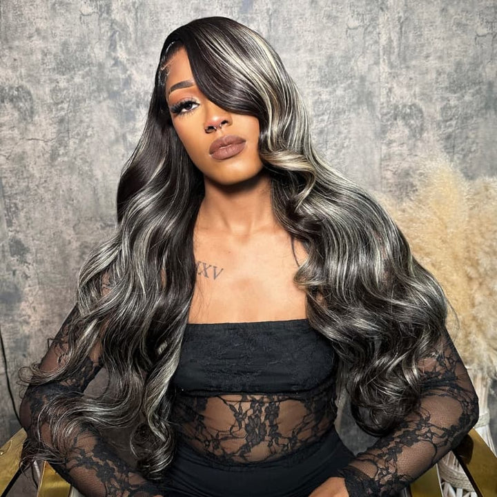 SZC Black with Silver Grey Brown Highlights 13x4 Lace Front Virgin Human Hair Wigs 200 Density