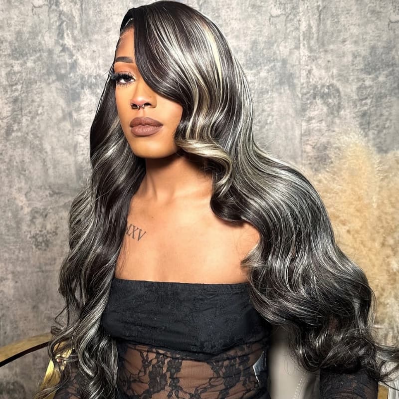 SZC Black with Silver Grey Brown Highlights 13x4 Lace Front Virgin Human Hair Wigs 200 Density