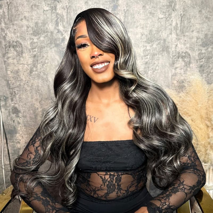SZC Black with Silver Grey Brown Highlights 13x4 Lace Front Virgin Human Hair Wigs 200 Density