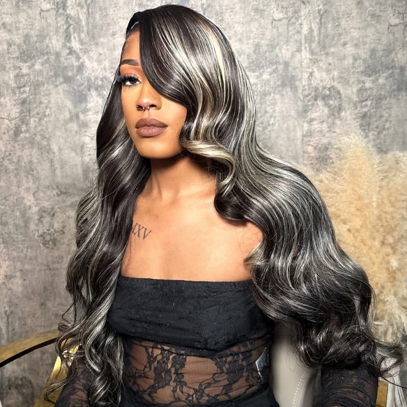 SZC Black with Silver Grey Brown Highlights 13x4 Lace Front Virgin Human Hair Wigs 200 Density