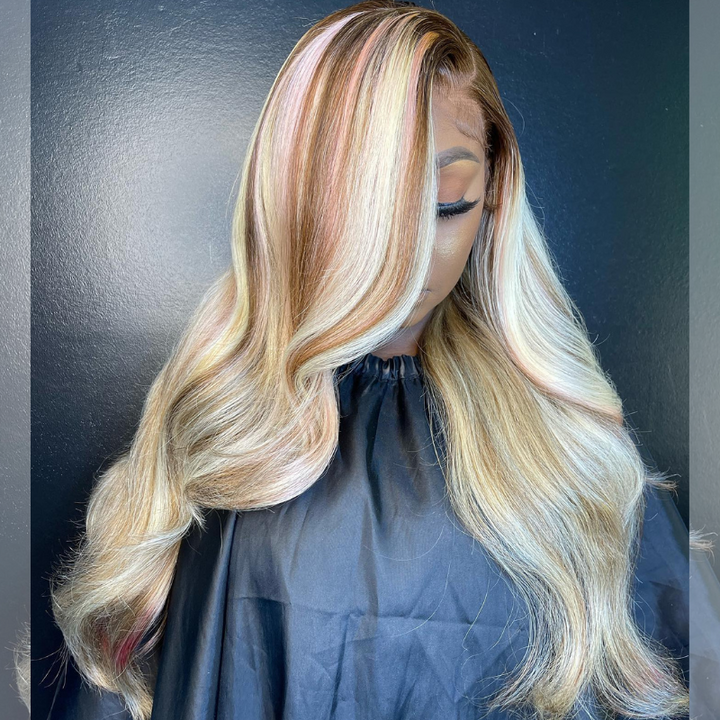 SZC Blonde Color With Brown Pink Highlights Body Wave Lace Front Hair Wigs