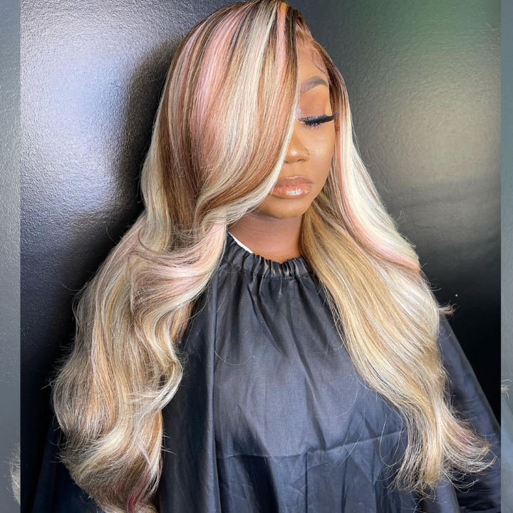 SZC Blonde Color With Brown Pink Highlights Body Wave Lace Front Hair Wigs