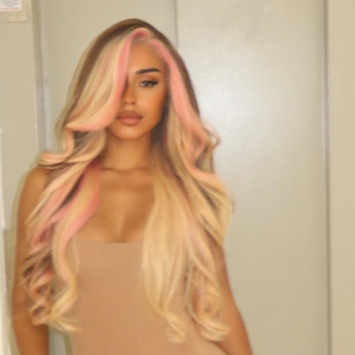 SZC Blonde With Pink Skunk Stripe Brown Streak Virgin Human Hair Wigs