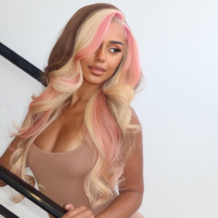 SZC Blonde With Pink Skunk Stripe Brown Streak Virgin Human Hair Wigs