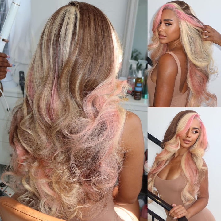 SZC Blonde With Pink Skunk Stripe Brown Streak Virgin Human Hair Wigs