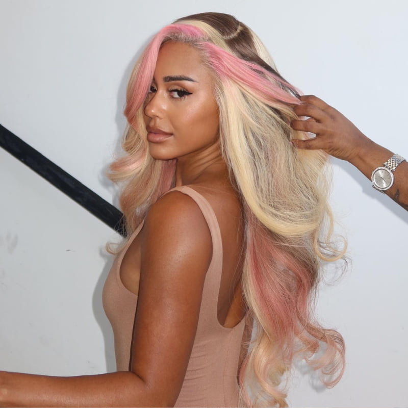 SZC Blonde With Pink Skunk Stripe Brown Streak Virgin Human Hair Wigs