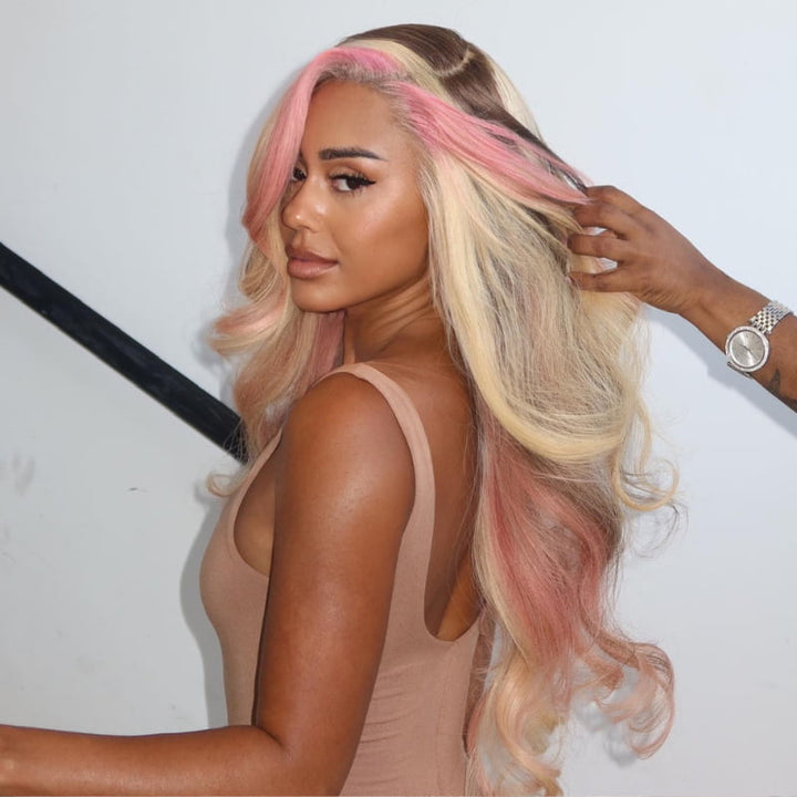 SZC Blonde With Pink Skunk Stripe Brown Streak Virgin Human Hair Wigs