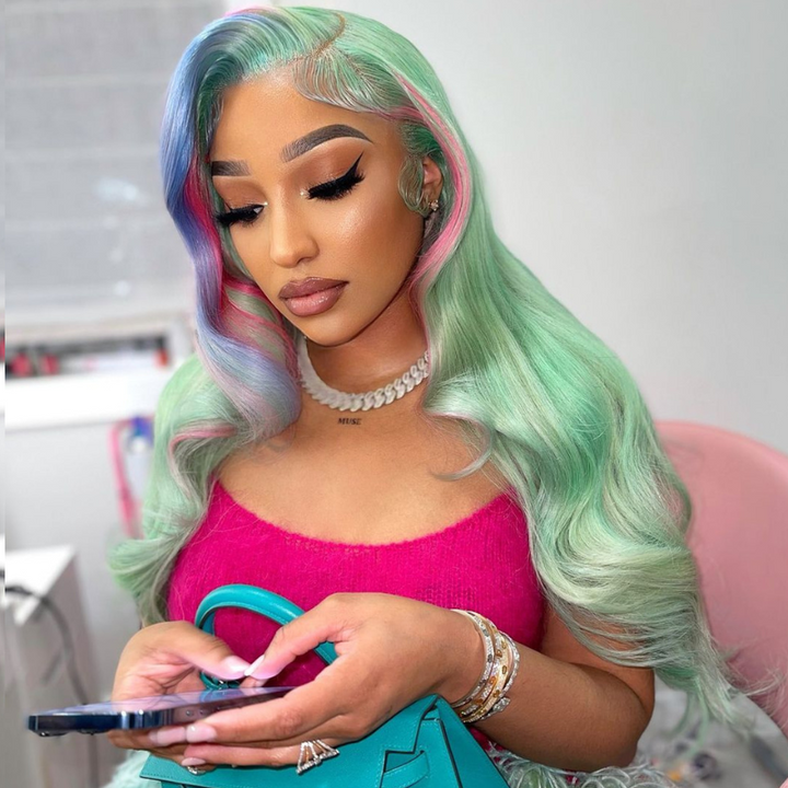 SZC Blue Hot Pink Skunk Stripe Green Body Wave Lace Front Human Hair Wigs