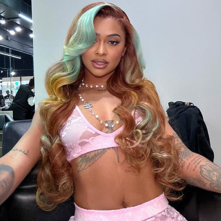 SZC Brown Aqua Blue Yellow Skunk Stripe Highlights 13x4 Lace Front Virgin Human Hair Wigs