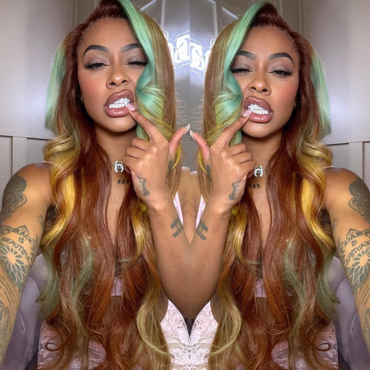 SZC Brown Aqua Blue Yellow Skunk Stripe Highlights 13x4 Lace Front Virgin Human Hair Wigs