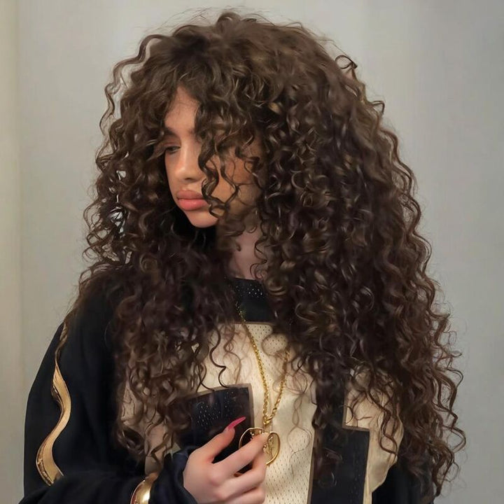 SZC Brown Bouncy Spiral Loose Curls 13x4 Lace Front Human Hair Wigs 250 300 Density