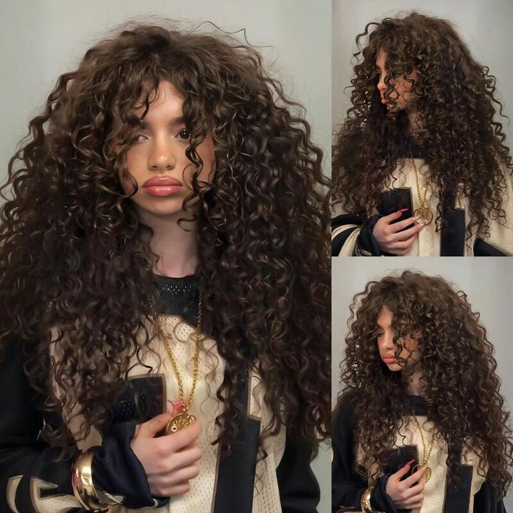 SZC Brown Bouncy Spiral Loose Curls 13x4 Lace Front Human Hair Wigs 250 300 Density