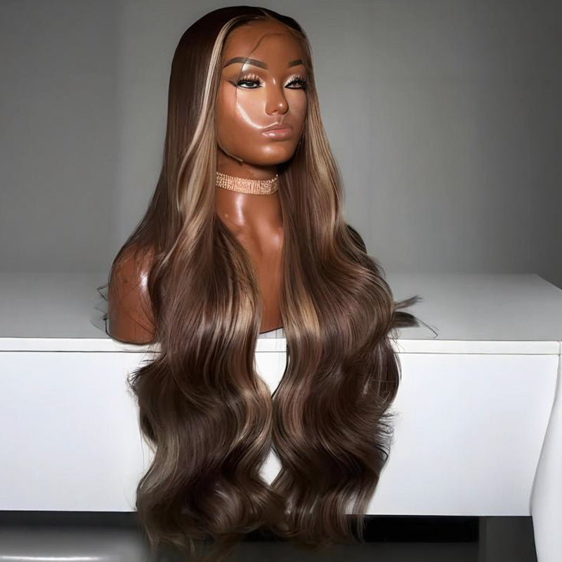 SZC Brown Honey Blonde Highlights Wavy 13x4 Lace Front Virgin Human Hair Wigs
