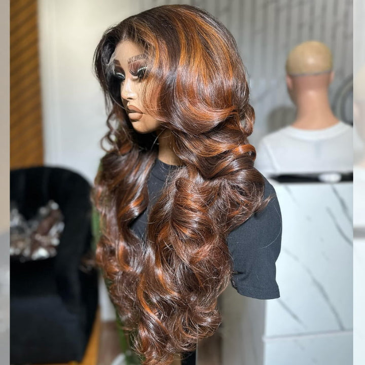 SZC Brown With Ginger Streak Highlight 13x4 Lace Front Human Hair Wigs
