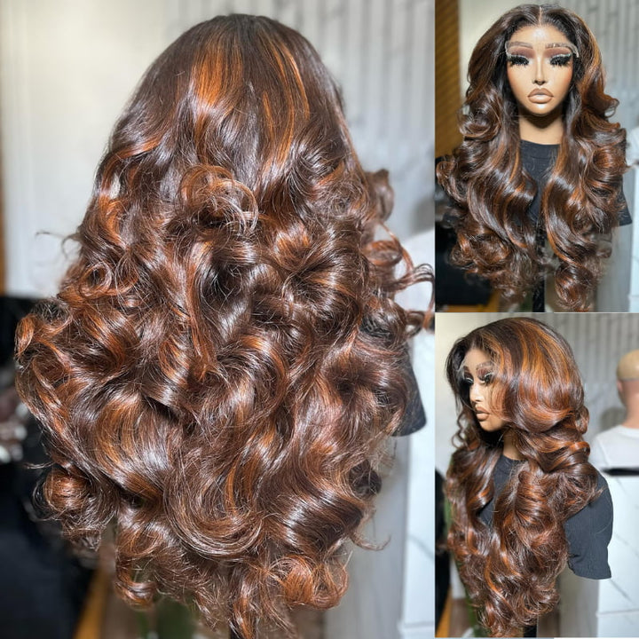 SZC Brown With Ginger Streak Highlight 13x4 Lace Front Human Hair Wigs