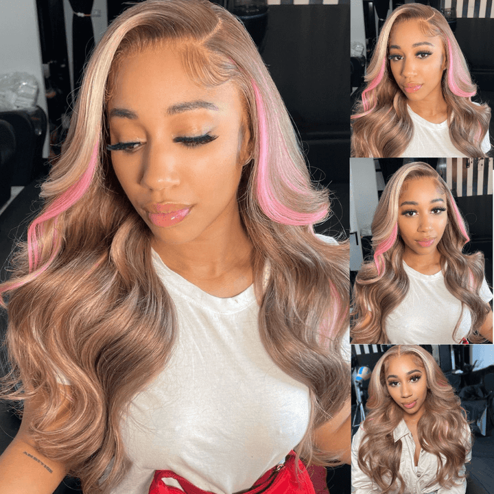 SZC Brown With Pink Highlight Skunk Stripe 13x4 HD Lace Front Human Hair Wigs