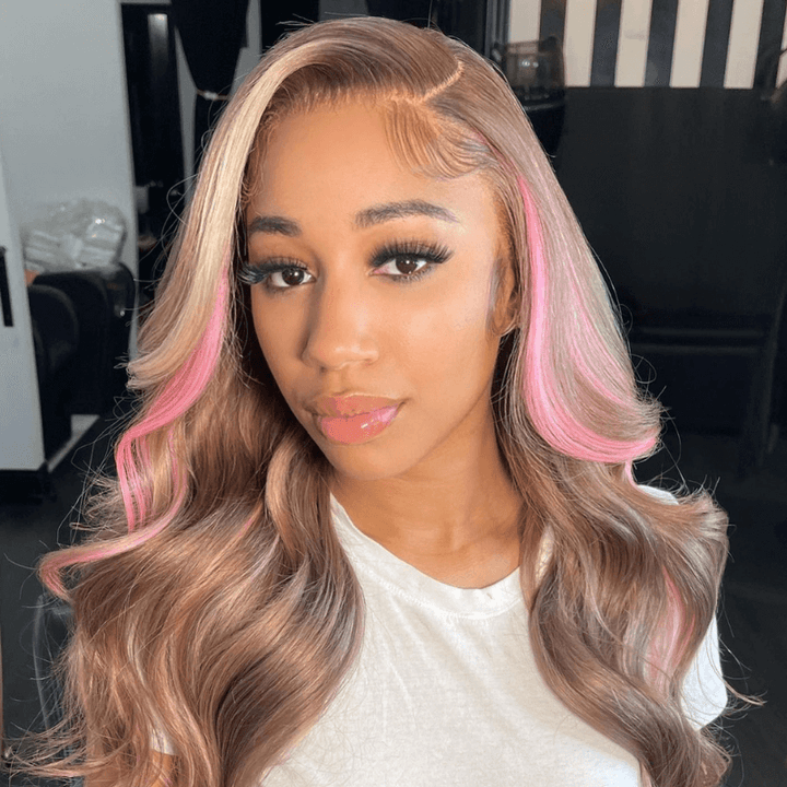 SZC Brown With Pink Highlight Skunk Stripe 13x4 HD Lace Front Human Hair Wigs