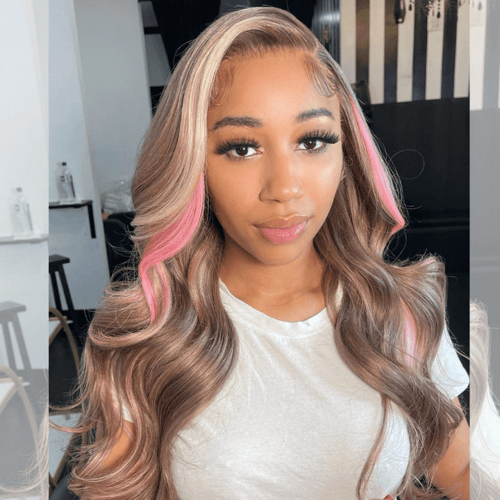 SZC Brown With Pink Highlight Skunk Stripe 13x4 HD Lace Front Human Hair Wigs