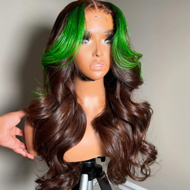 SZC Brown with Green Skunk Stripe 13x4 HD Lace Front Virgin Human Hair Wigs