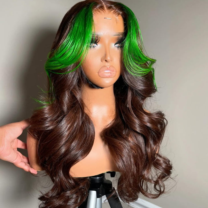SZC Brown with Green Skunk Stripe 13x4 HD Lace Front Virgin Human Hair Wigs