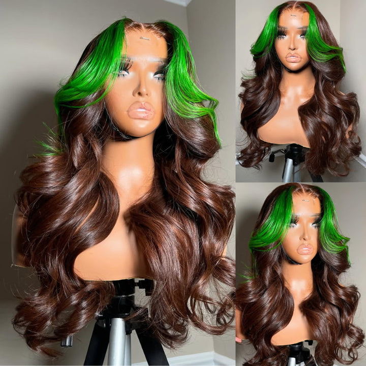 SZC Brown with Green Skunk Stripe 13x4 HD Lace Front Virgin Human Hair Wigs