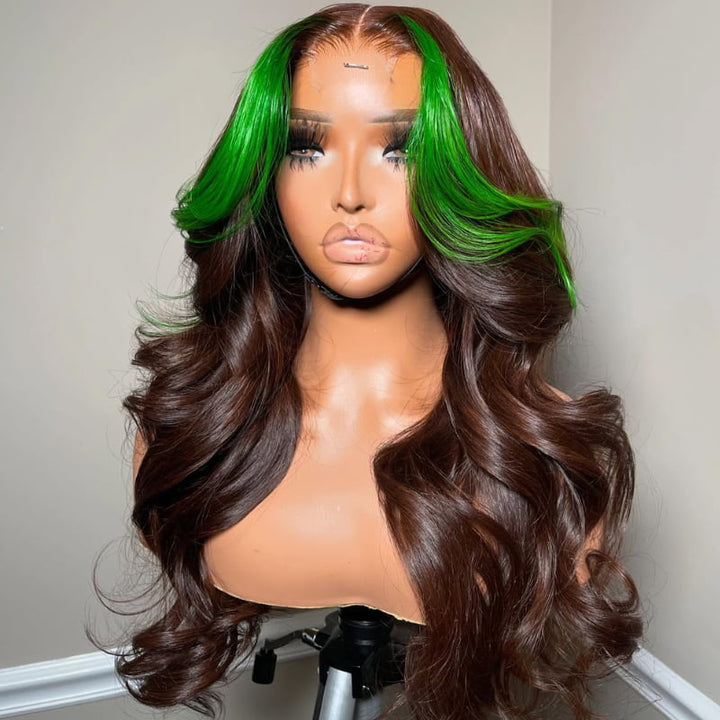 SZC Brown with Green Skunk Stripe 13x4 HD Lace Front Virgin Human Hair Wigs