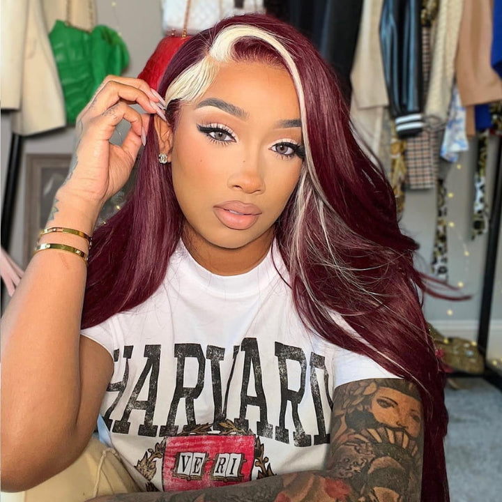 SZC Burgundy Red Blonde Skunk Stripe 13x4 Lace Front Human Hair Wigs