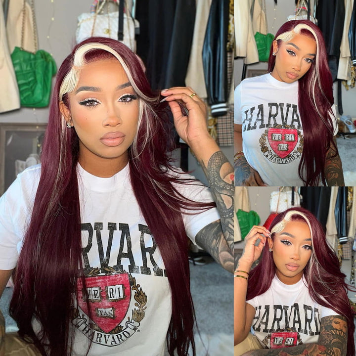 SZC Burgundy Red Blonde Skunk Stripe 13x4 Lace Front Human Hair Wigs