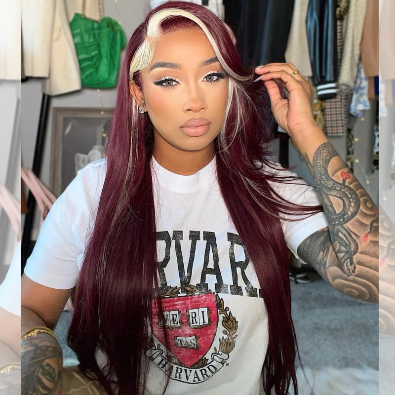 SZC Burgundy Red Blonde Skunk Stripe 13x4 Lace Front Human Hair Wigs