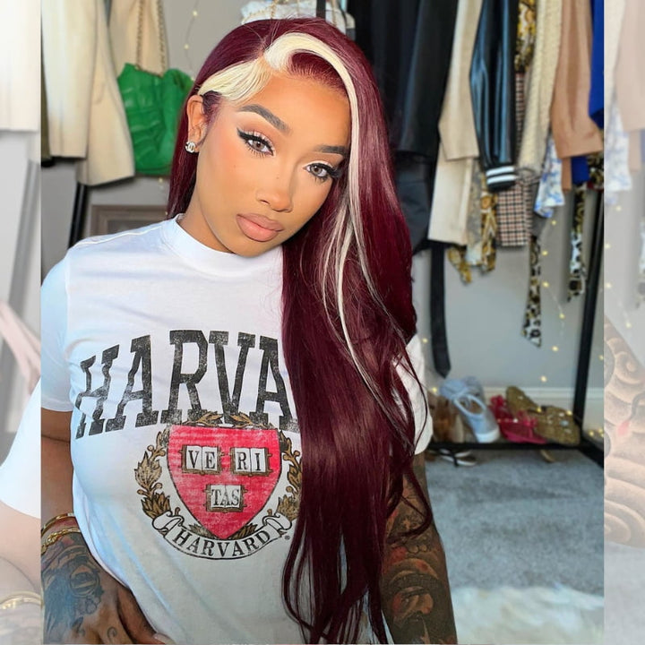 SZC Burgundy Red Blonde Skunk Stripe 13x4 Lace Front Human Hair Wigs