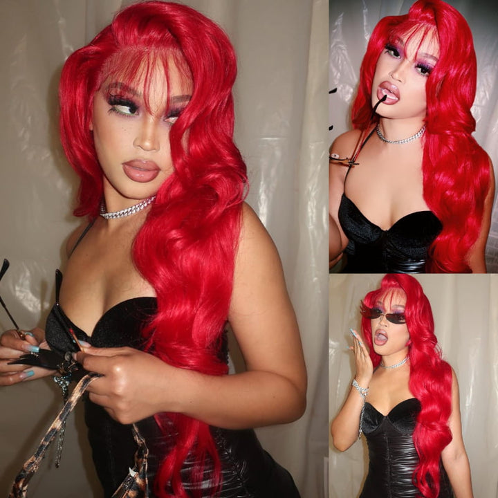SZC Burgundy Red Body Wave 13x4 Lace Front Human Hair Wigs With Bangs
