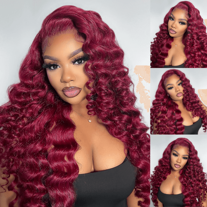 SZC Burgundy Red Wand Curl 13x4 HD Lace Front Human Hair Wigs