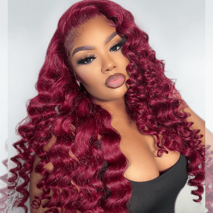 SZC Burgundy Red Wand Curl 13x4 HD Lace Front Human Hair Wigs