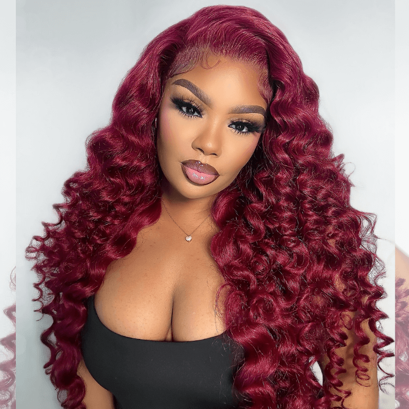 SZC Burgundy Red Wand Curl 13x4 HD Lace Front Human Hair Wigs