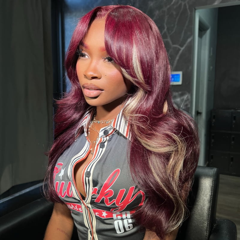SZC Burgundy Red with Blonde Highlight Streaks Virgin Human Hair Wigs