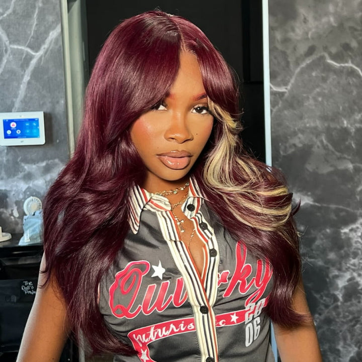 SZC Burgundy Red with Blonde Highlight Streaks Virgin Human Hair Wigs
