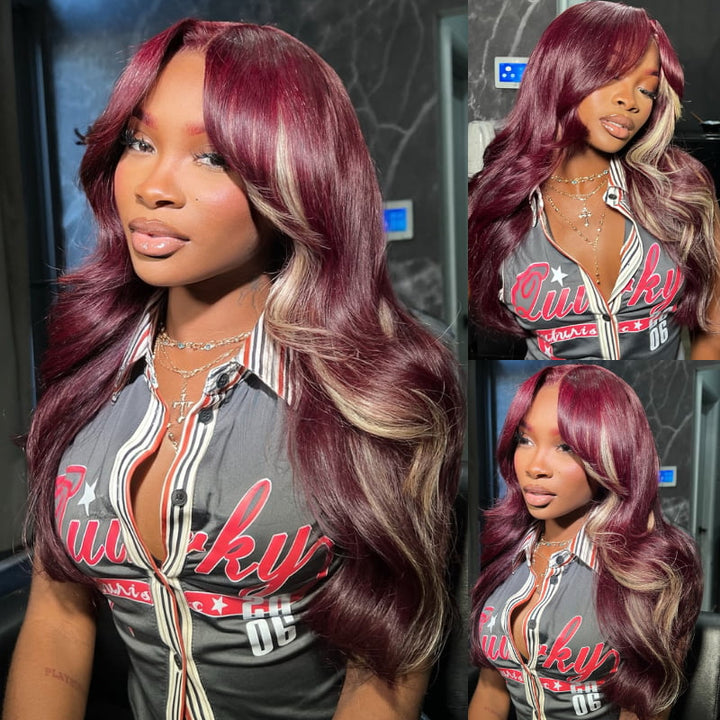 SZC Burgundy Red with Blonde Highlight Streaks Virgin Human Hair Wigs