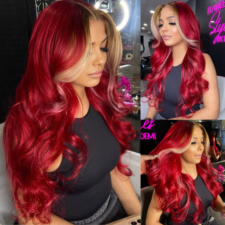 SZC Burgundy Red with Honey Blonde Skunk Stripe Virgin Human Hair Wigs