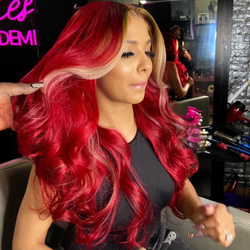 SZC Burgundy Red with Honey Blonde Skunk Stripe Virgin Human Hair Wigs